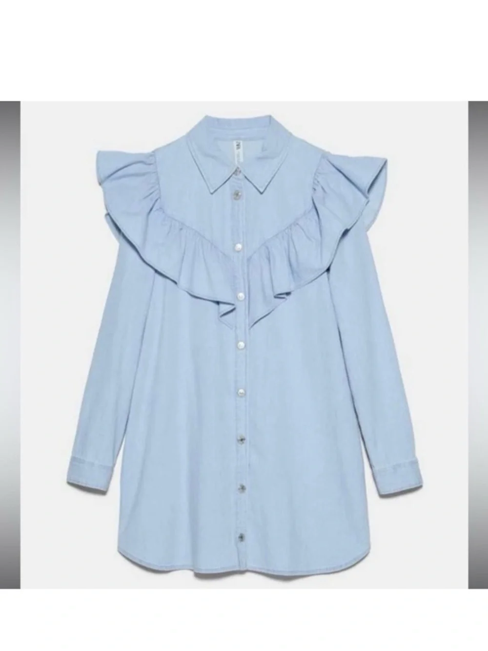 Zara Denim Button-Down Ruffle Mini Shirt Dress (Box H) - Picture 6 of 7
